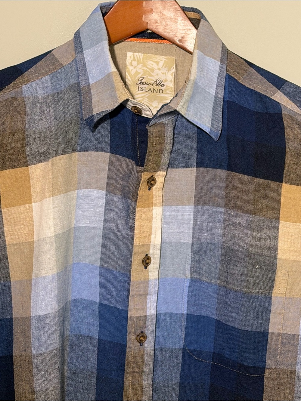 Tasso Elba Blue and Tan Plaid Button-Down Shirt 55/45 Linen/Cotton
